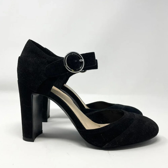 Nine West Suede Leather Ankle Strap Round Toe Heels Pump Black Size 6 - Picture 1 of 8